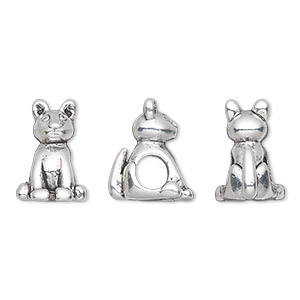 Bead, antique silver-plated pewter (tin-based alloy), 15x10mm sitting cat. Sold individually.