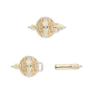 Clasp, tab with safety, diamond (natural) and 14Kt gold, 10mm filigree round with faceted round. Sold individually.