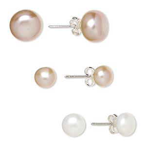 Earstud mix, Create Compliments&reg;, cultured freshwater pearl (natural / bleached) and sterling silver, peach / white / mauve, 6-8mm button with post. Sold per pkg of 3 pairs.