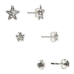Earstud, antiqued sterling silver, 3.5mm star with star design / 5.5x5mm beaded star / 9x8mm beaded star with post. Sold per pkg of 3 pairs.