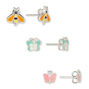Earstud, enamel and sterling silver, assorted colors, 6.5mm / 7.5x6.5mm butterfly / 9.5x9mm bee with post. Sold per pkg of 3 pairs.