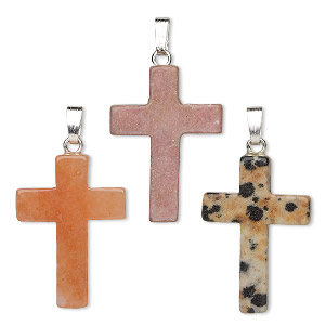 Pendant mix, multi-gemstone (natural / dyed / manmade) with gold-finished and/or silver-plated brass, 25x17mm cross. Sold per pkg of 10.