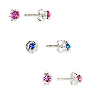 Earstud, Preciosa Czech glass rhinestone and sterling silver, fuchsia and cobalt, 3.5mm / 4mm / 5.5mm round with post. Sold per pkg of 3 pairs.