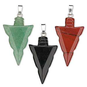 Pendant mix, multi-gemstone (natural / dyed) with gold-finished and/or silver-plated bail, 30x17mm arrowhead. Sold per pkg of 10.