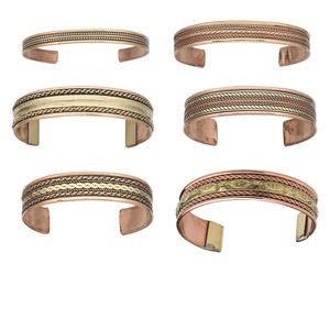 Bracelet, cuff, copper and brass, 7.5-16mm wide with assorted patterns, 7-8 inches. Sold per pkg of 6.