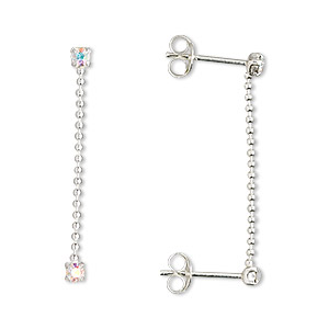Earring, Create Compliments&reg;, crystals and sterling silver, crystal AB, 29.5mm with 1mm ball chain and 2.5mm faceted round with post. Sold per pair.