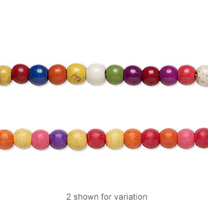 Bead, magnesite (dyed / assembled), multicolored, 4mm round, Mohs hardness 3-1/2 to 4. Sold per 15-1/2&quot; to 16&quot; strand.