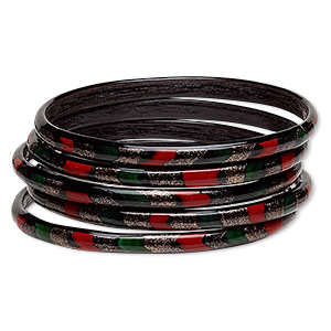 Bracelet, bangle, lampworked glass, black / red / green with copper-colored glitter, 6mm wide, 8 to 8-1/2 inches. Sold per pkg of 5.
