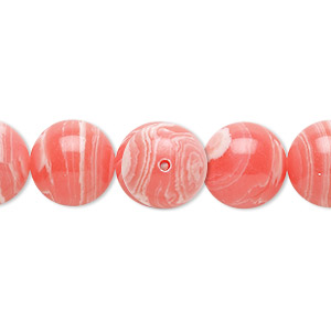 Bead, resin, white and pink, 12mm round. Sold per 15&quot; to 16&quot; strand.
