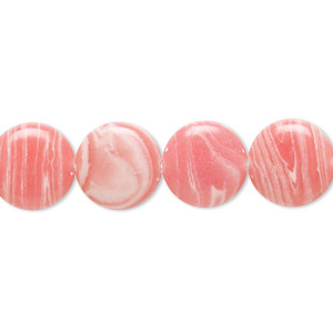 Bead, resin, white and pink, 12mm flat round. Sold per 15&quot; to 16&quot; strand.