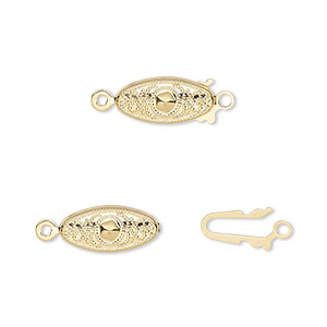Clasp, fishhook, gold-plated brass, 13x7mm filigree oval. Sold per pkg of 100.