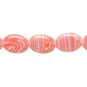 Bead, resin, white and pink, 14x10mm flat oval. Sold per 15&quot; to 16&quot; strand.