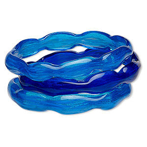 Bracelet, bangle, lampworked glass, blue / cobalt / white, 12mm wide wavy band, 8 inches. Sold per pkg of 3.