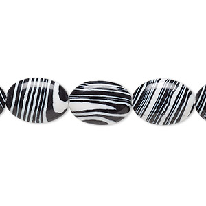 Bead, resin, black and white, 14x10mm flat oval. Sold per 15&quot; to 16&quot; strand.