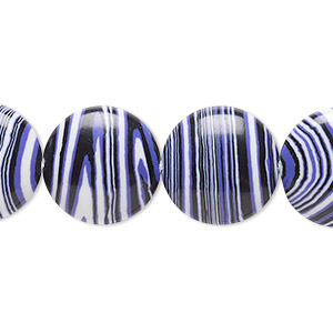 Bead, resin, black / white / purple, 16mm flat round. Sold per 15&quot; to 16&quot; strand.