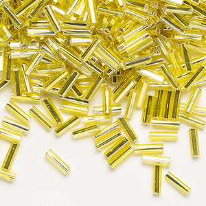 Bugle bead, Dyna-Mites™, glass, silver-lined translucent rainbow yellow, #3  square hole. Sold per 1/2 kilogram pkg. - Fire Mountain Gems and Beads