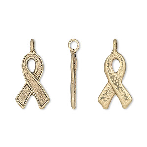 Charm, antique gold-finished &quot;pewter&quot; (zinc-based alloy), 17x10mm single-sided awareness ribbon. Sold per pkg of 20.