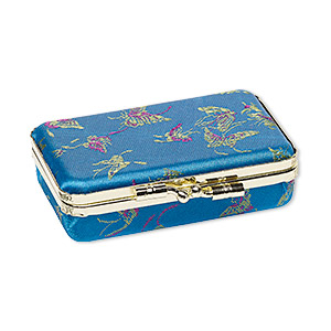 Jewelry box, satin brocade / glass / steel / velveteen, teal, 3-1/2 x 1 x 2-1/4 inch rectangle with butterfly pattern and mirror. Sold individually.