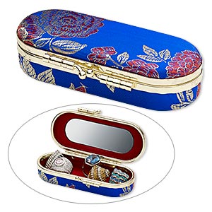 Box, satin brocade / velveteen / glass / gold-finished steel, royal blue and multicolored, 4-1/2 x 2-1/2 inch oval with 3-1/4 x 1-inch mirror and floral design. Sold individually.