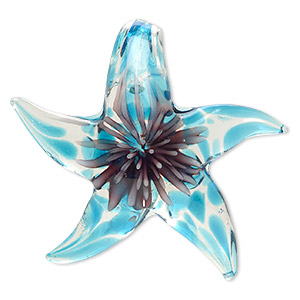 Pendant, lampworked glass, blue / purple / clear, 50x45mm single-sided starfish. Sold individually.