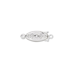 Clasp, fishhook, silver-plated brass, 13x7mm filigree oval. Sold per pkg of 100.