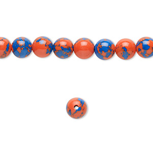 Bead, resin, dark blue and orange, 6mm round. Sold per 15-1/2&quot; to 16&quot; strand.