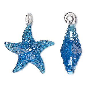 Pendant, lampworked glass, blue luster, 30x24mm double-sided starfish. Sold per pkg of 2.