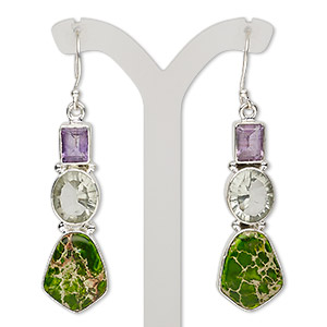 Earring, green quartz (heated) / amethyst / magnesite (dyed / stabilized) / sterling silver, apple green, 2-1/2 inches with fishhook ear wire, 21 gauge. Sold per pair.