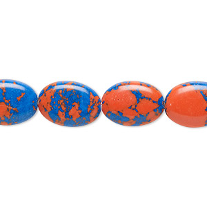 Bead, resin, dark blue and orange, 14x10mm flat oval. Sold per 15&quot; to 16&quot; strand.