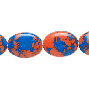 Bead, resin, dark blue and orange, 18x13mm flat oval. Sold per 15&quot; to 16&quot; strand.