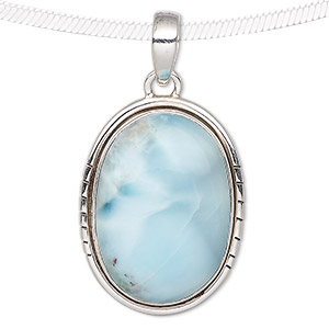 Pendant, larimar (natural) and sterling silver, 27x20mm-32x23mm oval. Sold individually.