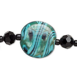 Bead, glass and lampworked glass, teal and black, 7mm faceted round / 9mm round / 21mm flat round with copper-colored glitter. Sold per 7-inch strand, approximately 25 beads.