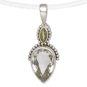 Pendant, peridot (natural) / green quartz (heated) / antiqued sterling silver, 42x16mm with beaded marquise and teardrop. Sold individually.