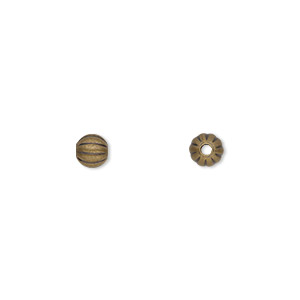 Bead, antique gold-plated brass, 5mm corrugated round. Sold per pkg of 100.