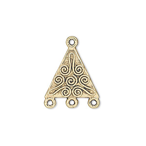Drop, antique gold-finished &quot;pewter&quot; (zinc-based alloy), 17x17x15mm double-sided triangle with spiral design and 3 loops. Sold per pkg of 20.