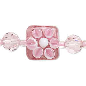 Bead, glass and lampworked glass, light pink/pink/white, 8mm faceted round and 17x17mm double-sided flat square with raised flower. Sold per 7-inch strand.
