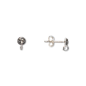 Earstud, sterling silver and marcasite, 4mm round with open loop. Sold per pair.