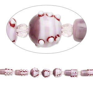 Bead, glass and lampworked glass, lavender / pink / white, 6mm faceted round / 14mm bumpy round / 22x10mm bumpy round tube. Sold per 7-inch strand.