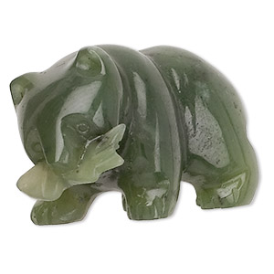 Gift, jade (natural), medium to dark, 26x18mm carved bear with fish, Mohs hardness 6-1/2 to 7. Sold individually.