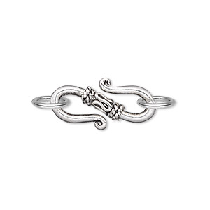 Clasp, S-hook, antique silver-plated &quot;pewter&quot; (zinc-based alloy), 22x10mm double-sided with (2) 8mm jump rings. Sold per pkg of 10.