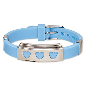 Bracelet, Softique&#153;, silicone and stainless steel, aqua blue, 16mm wide with 39x16mm rectangle and cutout hearts, adjustable from 5-1/2 to 7-1/2 inches with buckle-style closure. Sold individually.