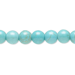 Bead, magnesite (dyed / stabilized), blue-green, 7-8mm round, C grade, Mohs hardness 3-1/2 to 4. Sold per 15-inch strand.