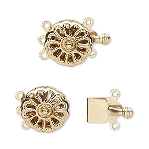 Clasp, 3-strand tab, gold-finished brass, 13mm round flower with cutout teardrops. Sold per pkg of 10.
