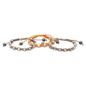 Bracelet,  Hemalyke&#153; (man-made) / nylon / silver-coated acrylic, orange and brown, 8mm wide with 8mm faceted cube, adjustable from 6 to 8-1/2 inches with wrapped knot closure. Sold per pkg of 3.
