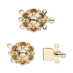 Clasp, 3-strand tab, gold-finished brass, 14mm round with scallop design. Sold per pkg of 10.