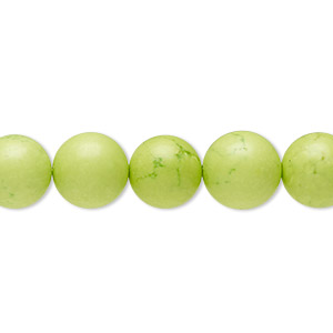 Bead, magnesite (dyed / stabilized), lime green, 9-10mm round, B grade, Mohs hardness 3-1/2 to 4. Sold per 16-inch strand.