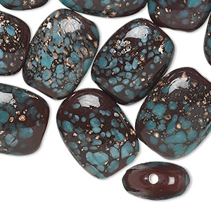 Bead, lampworked glass with copper glitter, turquoise blue and brown, 19x14mm rectangle. Sold per pkg of 20.