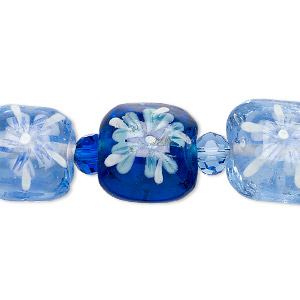 Bead, glass and hand-painted lampworked glass, opaque light blue / dark blue / white, (10) 6mm faceted round and (9)14mm double-sided puffed square with flower design. Sold per approximately 7-inch strand.