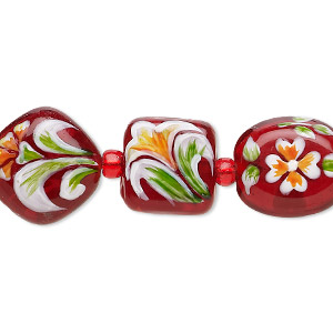 Bead, lampworked glass, red and multicolored, 11x11x10mm-15mm double-sided multi-shape with hand-painted floral design. Sold per 7-inch strand.