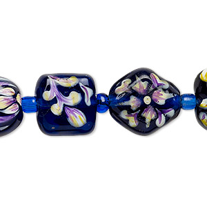 Bead, lampworked glass, violet-blue and multicolored, 11x11x10mm-15x15mm double-sided multi-shape with hand-painted floral design. Sold per 7-inch strand.